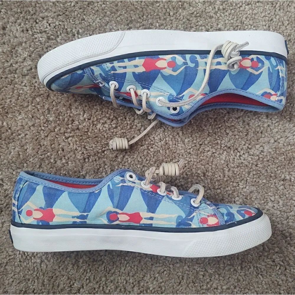 Sperry Canvas Swimmers Print Sneakers Blue Red Women's Size 5, PRE-OWNED - Picture 3 of 7